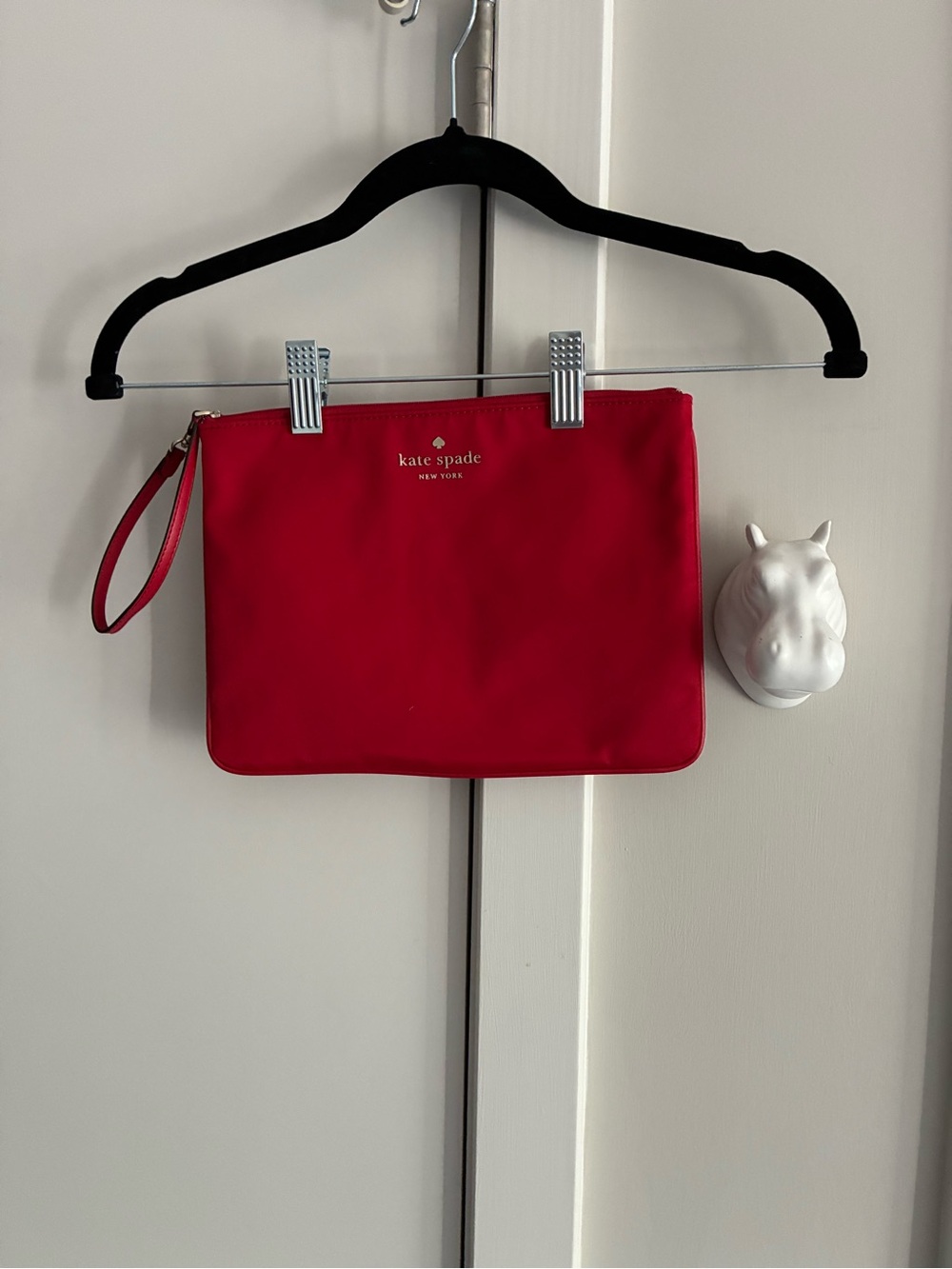 kate spade red wristlet clutch with gold logo